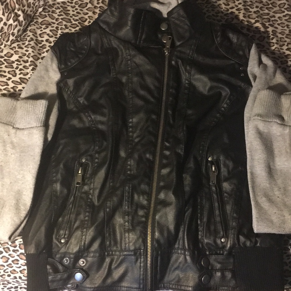 Sweater Hood Faux Leather Jacket